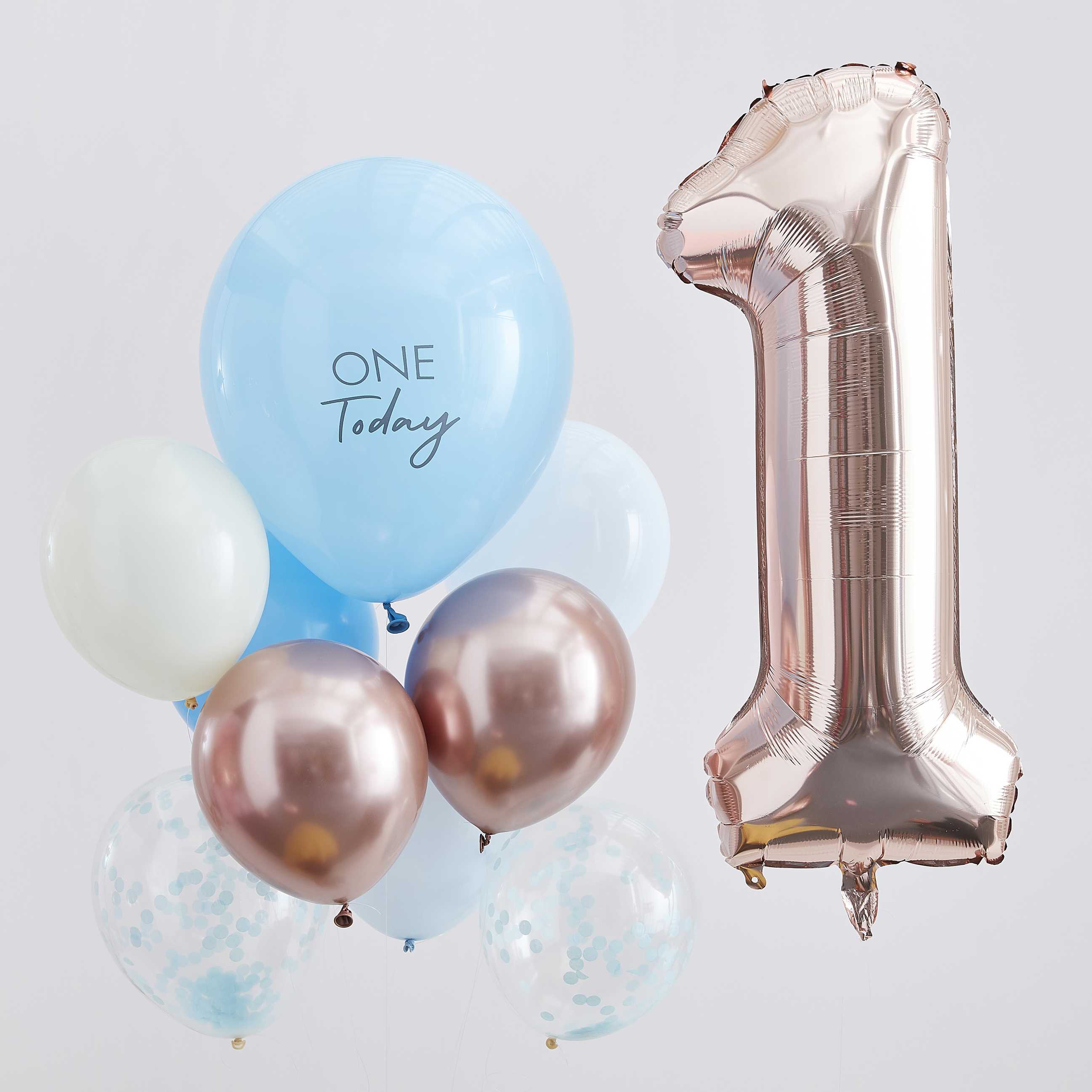 Ballons "1er anniversaire" Bleu et Rose Gold