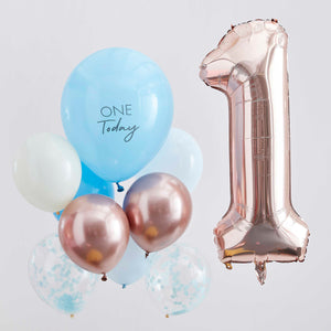 Ballons "1er anniversaire" Bleu et Rose Gold